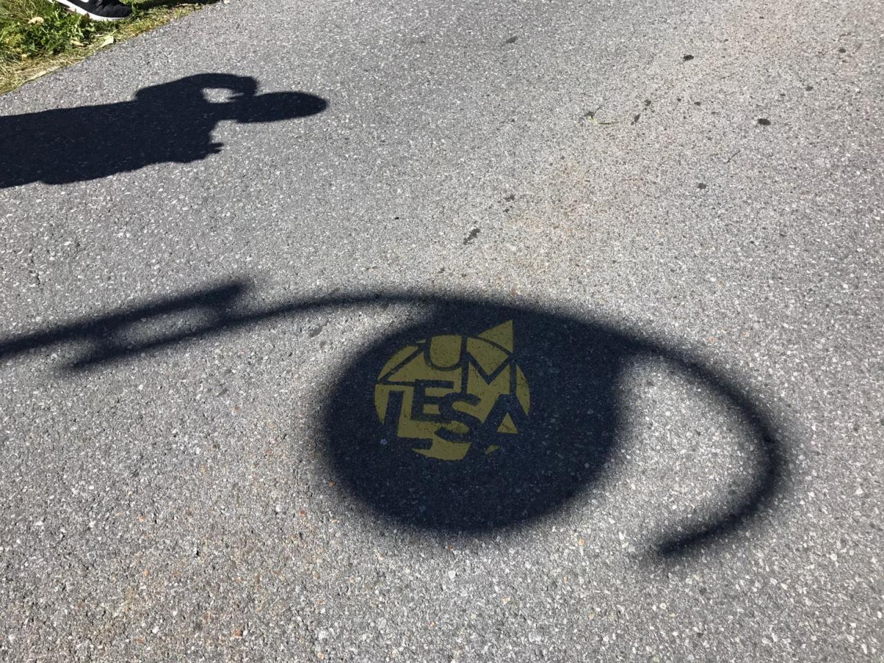 Das Logo der Bücherei auf die Straße gesprüht.