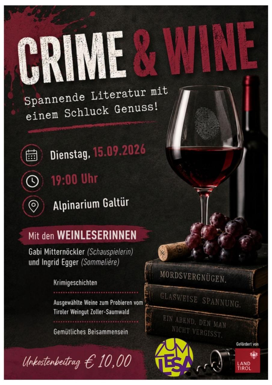 Ein schwarzer Hintergrund Glas Rotwein und Einladungstext zur Veranstaltung Crime and Wine