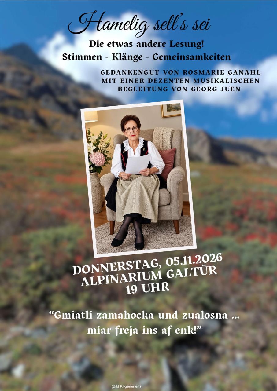 Im Hintergrund Bergkulisse. Eine Frau sitzt auf einem Stuhl und hat einen Text in der Hand. 